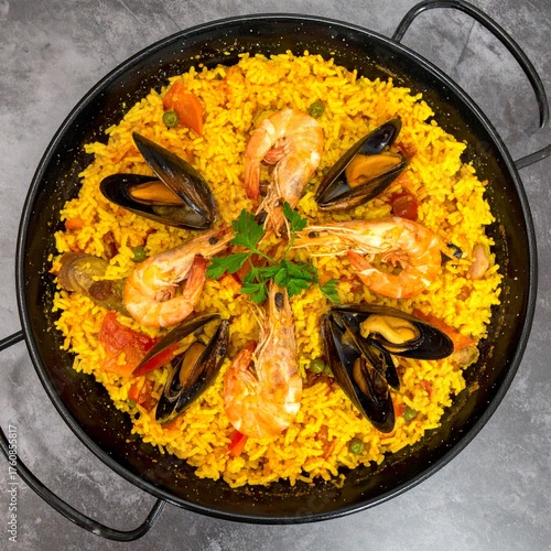Spanish Paella with Seafood, Rice, and Saffron for Premium Main Course Food Object and Mediterranean Cuisine