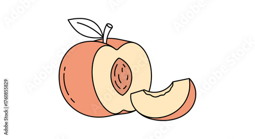 Illustration of a sliced peach revealing the pit, a simple design on white background