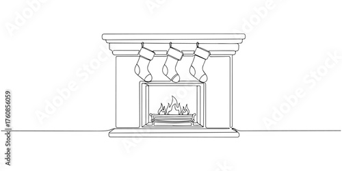 Continuous one line of cozy fireplace with stockings and soft flames, style hand drawing vector illustration.