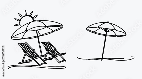 Beach scene with chairs umbrellas and sun in hand drawn style