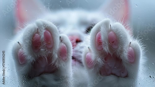 Through frosted glass, a cute cat face with a hazy texture, with two pink claws protruding from below, Generative AI Videos.
