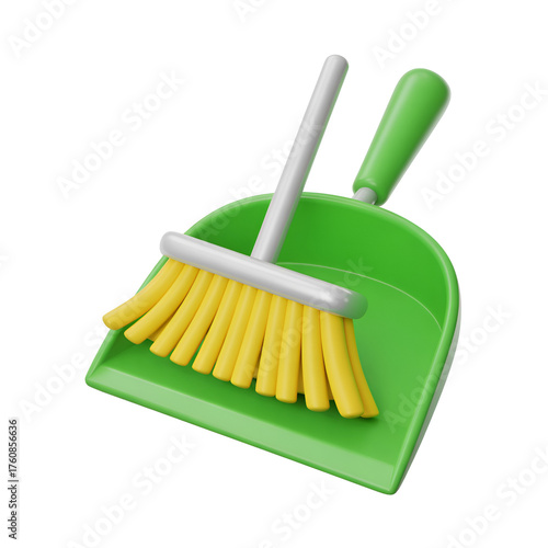 3d icon of green dustpan and brush set isolated on white background