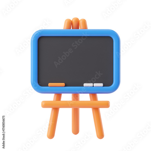 3d icon of a blue and orange 3d illustration of a blackboard on a stand with chalk, isolated on white background