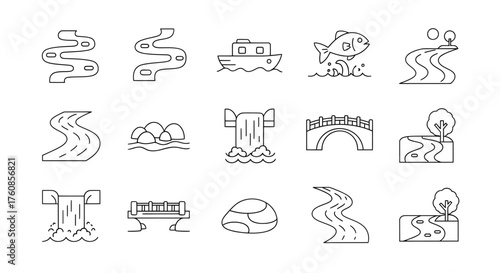 Linear river landscape elements: A collection of illustrations portraying tranquil nature scenes