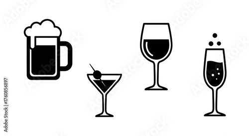 Minimalist black and white line art illustration showcasing various alcoholic beverages