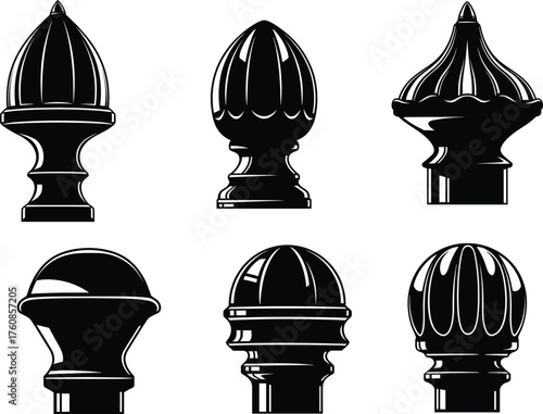 Decorative fence post cap finial collection, classic wrought iron gate topper silhouette set for architectural garden railing design elements