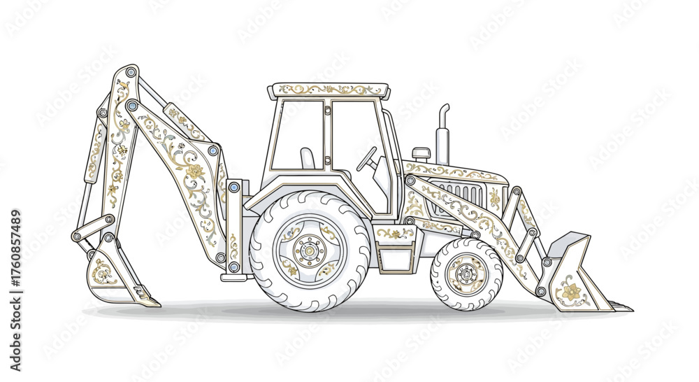 Naklejka premium Stylized backhoe loader with ornamental details offering a touch of whimsy in monochrome