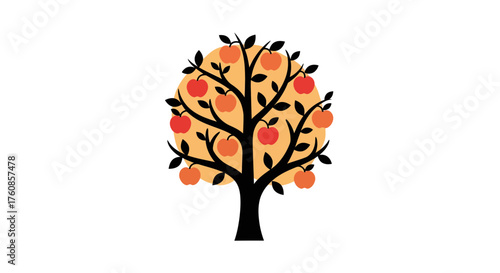 Stylized apple tree with vibrant red fruit and graphic silhouette design against sun backdrop
