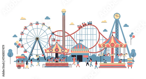 Stylized amusement park illustration showcasing joyful activities and attractions  for families