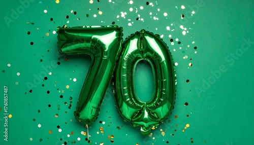 Green balloon number 70 with confetti on solid colored background. Photo for anniversary or birthday party