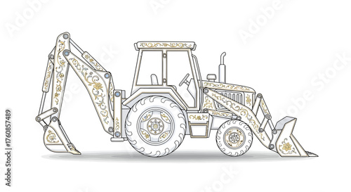 Stylized backhoe loader with ornamental details offering a touch of whimsy in monochrome