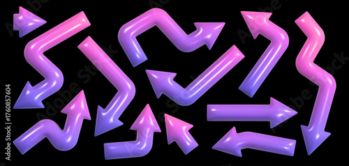 Colorful 3D arrows with soft edges are displayed in a modern style. The vibrant neon gradient from pink to purple adds a unique visual flair suitable for creative applications.