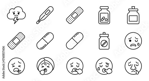 Outline illustrations representing sickness and medical treatment remedies, isolated on a white