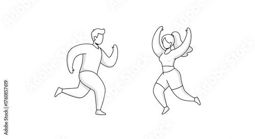 Outlined vector illustration of a man jogging and a woman exercising for fitness