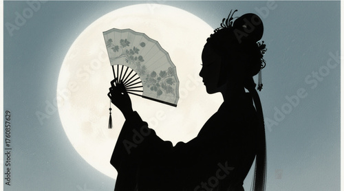Silhouette of Chinese opera characters holding palace fans, beautiful oriental poetry