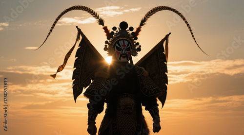 Silhouette of a Chinese opera Jing role, standing majestically with feathers on the helmet, creating a beautiful and shocking atmosphere