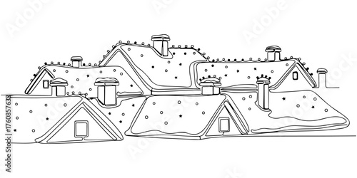 Continuous one line of snow-covered house roof with twinkling Christmas lights, style hand drawing vector illustration.