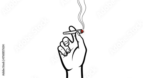 Stylized hand holding burning cigarette with smoke, minimalist vector illustration isolated on