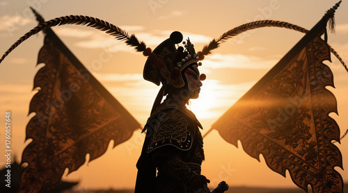Silhouette of a Chinese opera Jing role, standing majestically with feathers on the helmet, creating a beautiful and shocking atmosphere