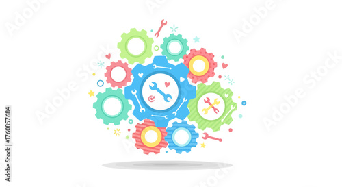 Pastel gears and tools symbolizing interconnected solutions and creative mechanics