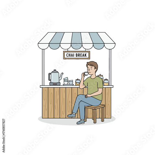 Man Enjoying Tea at a Chai Break Stall with Kettle and Cups Keywords: chai break, tea stall, man, drinking tea, beverage, hot drink, refreshment, relaxation, break time, stall, kiosk, street food
