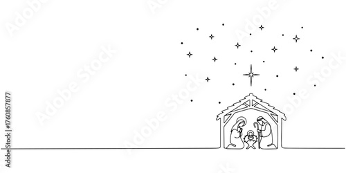 Continuous one line of starry night sky above nativity scene, style hand drawing vector illustration.
