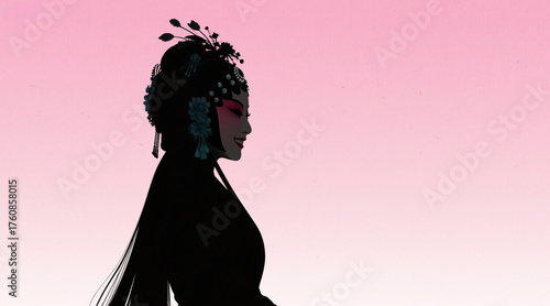 Silhouettes of Chinese opera characters, silhouettes of opera actresses, looking back and smiling, beautiful and romantic atmosphere