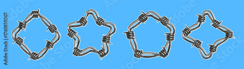 A collage showcases intricate shapes made from paper cut barbed wire, featuring torn edges and a noise effect. The vibrant blue background highlights the artistic design.