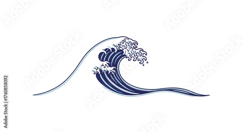 Stylized ocean wave in shades of blue against a white background conveys serenity