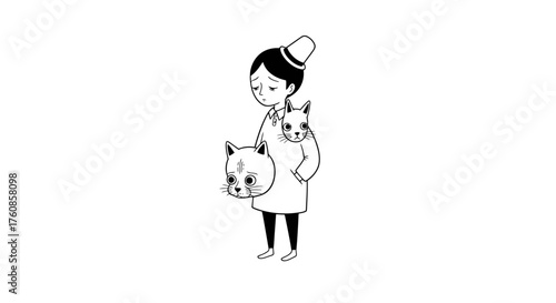 A forlorn woman carrying disembodied cat heads in a monochrome illustrative style