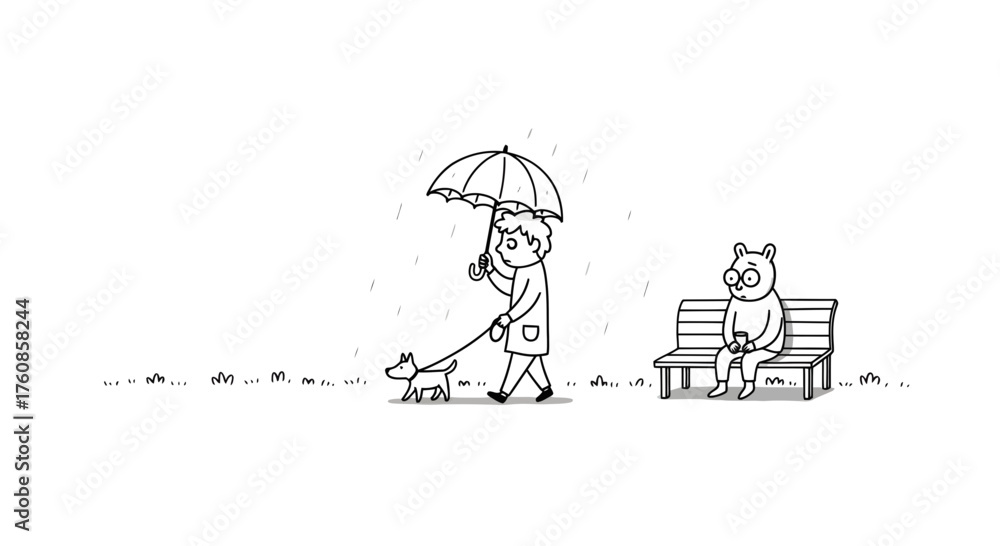 Fototapeta premium A monochrome sketch showcasing a rainy day with a person walking a dog and a pensive bear