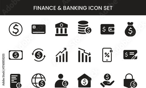 Finance and banking icon set. flat black vector symbols for money, savings, investment, online payment, mobile banking, cash, financial growth, and business economy concepts