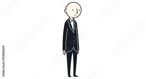 A minimalist depiction of a character in formal attire standing still silently