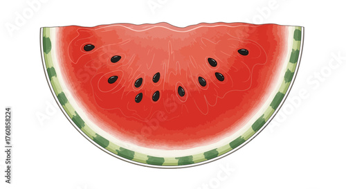 A meticulously detailed and vibrant artistic rendering of a refreshing watermelon slice on a clean