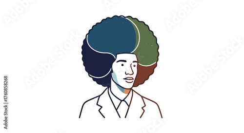 Stylized portrait featuring a man with a large afro and suit against a plain background