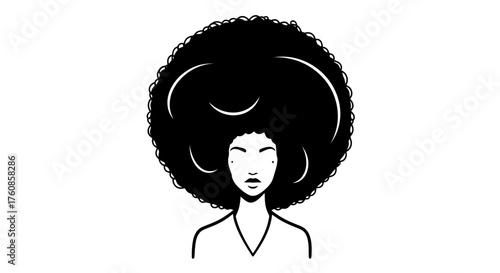 Stylized portrait of a confident woman with striking afro hairstyle in black and white