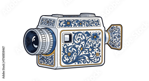 Stylized vintage super 8 camera adorned with intricate floral arabesque patterns art