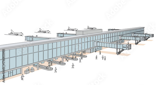 Architectural sketch showcasing a modern airport terminal with aircraft and jet bridges offering a