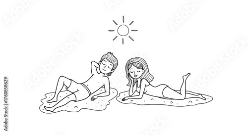 Serene beach relaxation with couple soaking up sunshine in minimalist art style