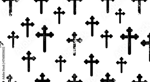 Seamless Christian crosses pattern on white background offering a vintage distressed look offering