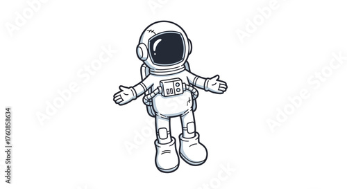 Cartoon astronaut floating in space with outstretched arms invites viewers to explore galaxy