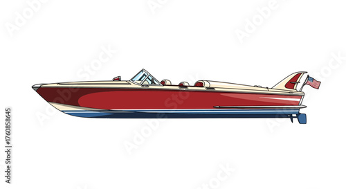 Vintage American mahogany runabout boat cruising on water summer recreation