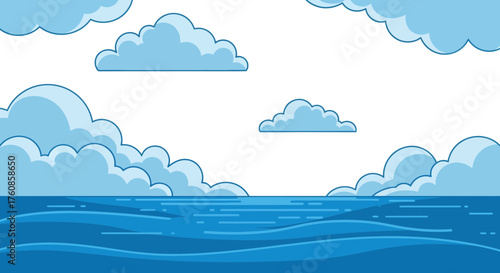 Serene cartoon ocean landscape with fluffy clouds casting shadows and creating a tranquil atmosphere
