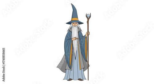Cartoon depiction of a wise old wizard with a tall hat and magical staff