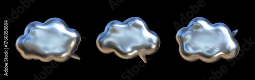 Stylized chrome speech bubbles reflecting light and communicating abstract ideas in a modern, sculptural design against a black background.