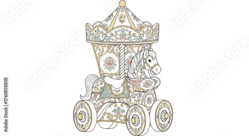 Whimsical floral horse carousel cart intricate design for coloring page creations