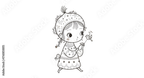 Whimsical linework illustration of a girl in decorative clothes holding a bird design