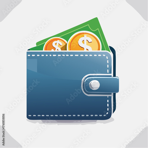 Stylized blue wallet overflowing with green banknotes and golden coin money