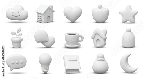 Collection of charming 3D rendered white icons representing everyday objects and concepts in