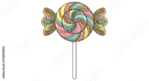 Whimsical lollipop illustration with ornate details and pastel color palette rendering a vintage